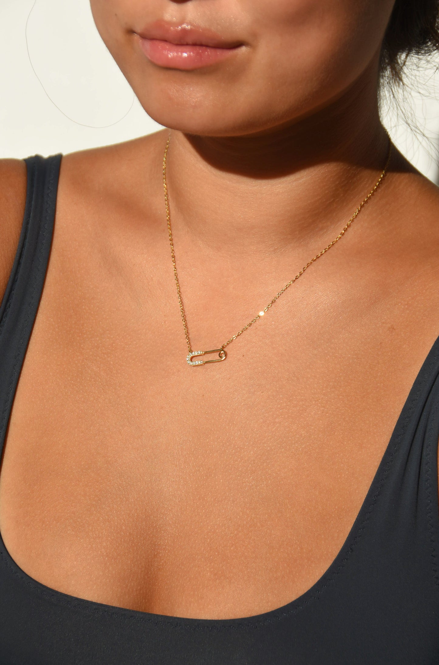 18k Gold Plated Pave Safety Pin Necklace