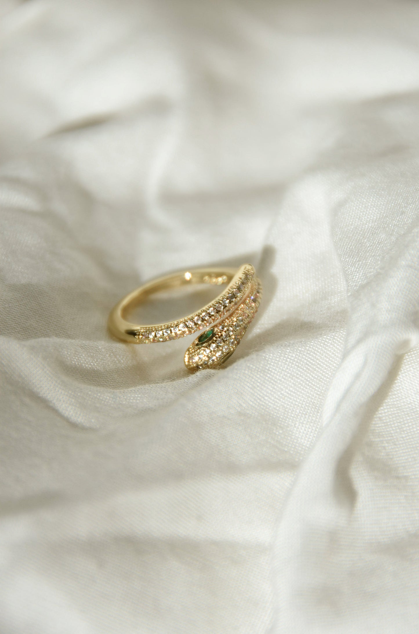 18k Gold Plated Pavé Snake Ring with Green Eyes